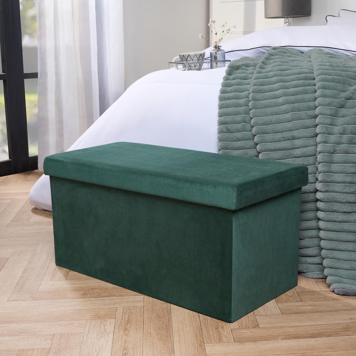 Folding Ottoman Storage Box Footstool Tub Bin Space Saving Velvet Seat Pouffe