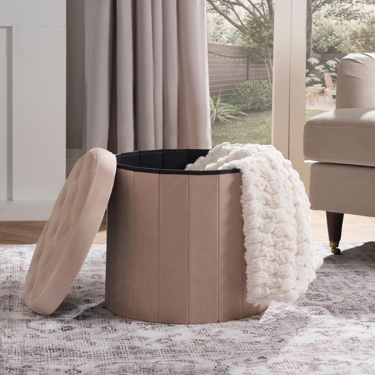 Folding Ottoman Storage Box Footstool Tub Bin Space Saving Velvet Seat Pouffe