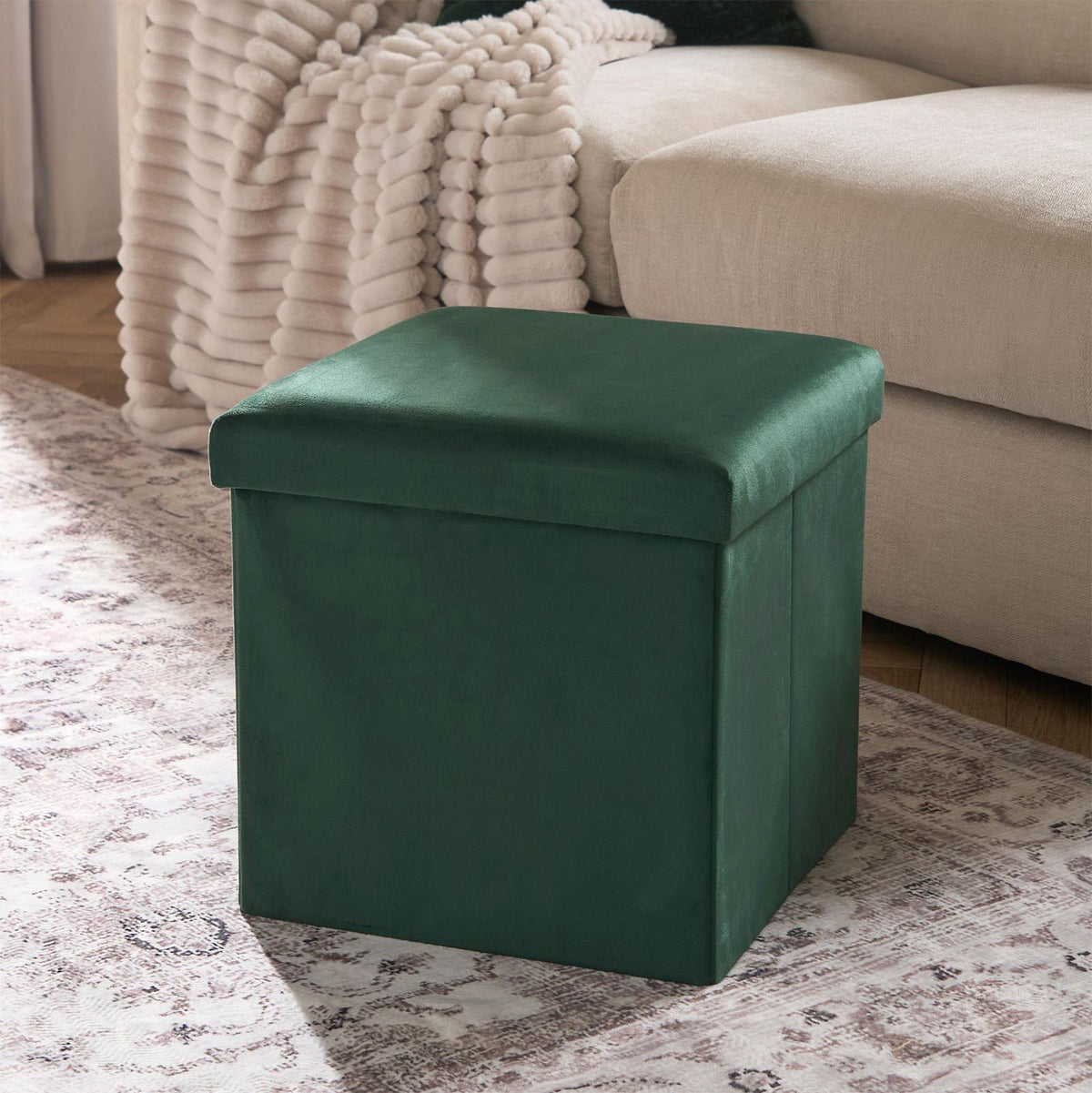 Folding Ottoman Storage Box Footstool Tub Bin Space Saving Velvet Seat Pouffe