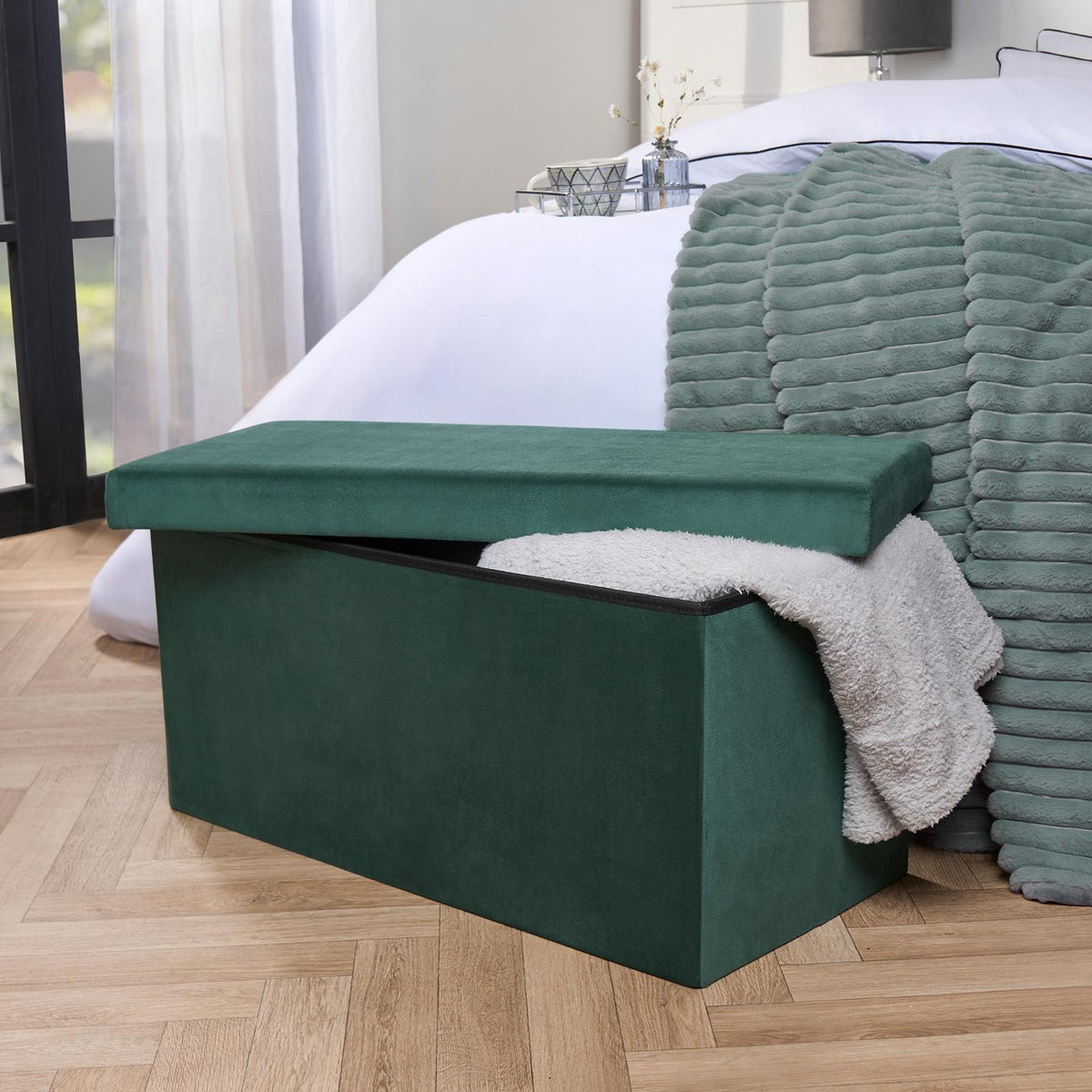 Folding Ottoman Storage Box Footstool Tub Bin Space Saving Velvet Seat Pouffe