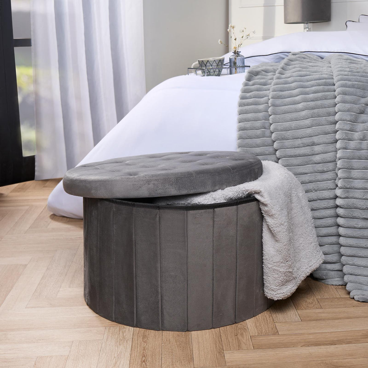 Folding Ottoman Storage Box Footstool Tub Bin Space Saving Velvet Seat Pouffe