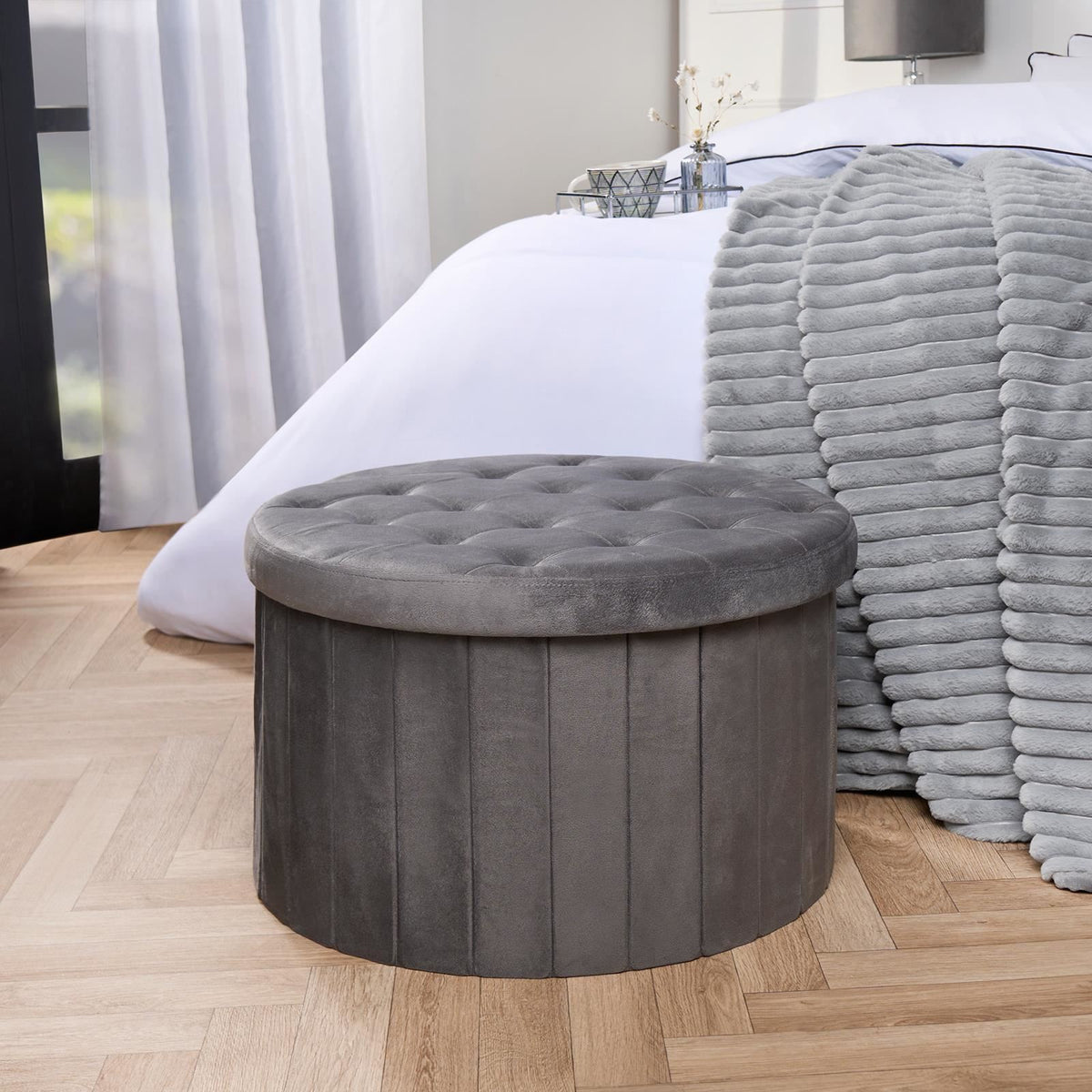 Folding Ottoman Storage Box Footstool Tub Bin Space Saving Velvet Seat Pouffe
